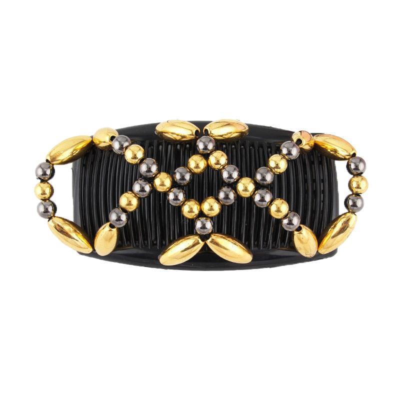 Beaded Stretchy Easy Magic Hair Comb Elastic Double Hair Clip Hair Accessories - Gold V528-HAIRCOMB-GOLD-97032