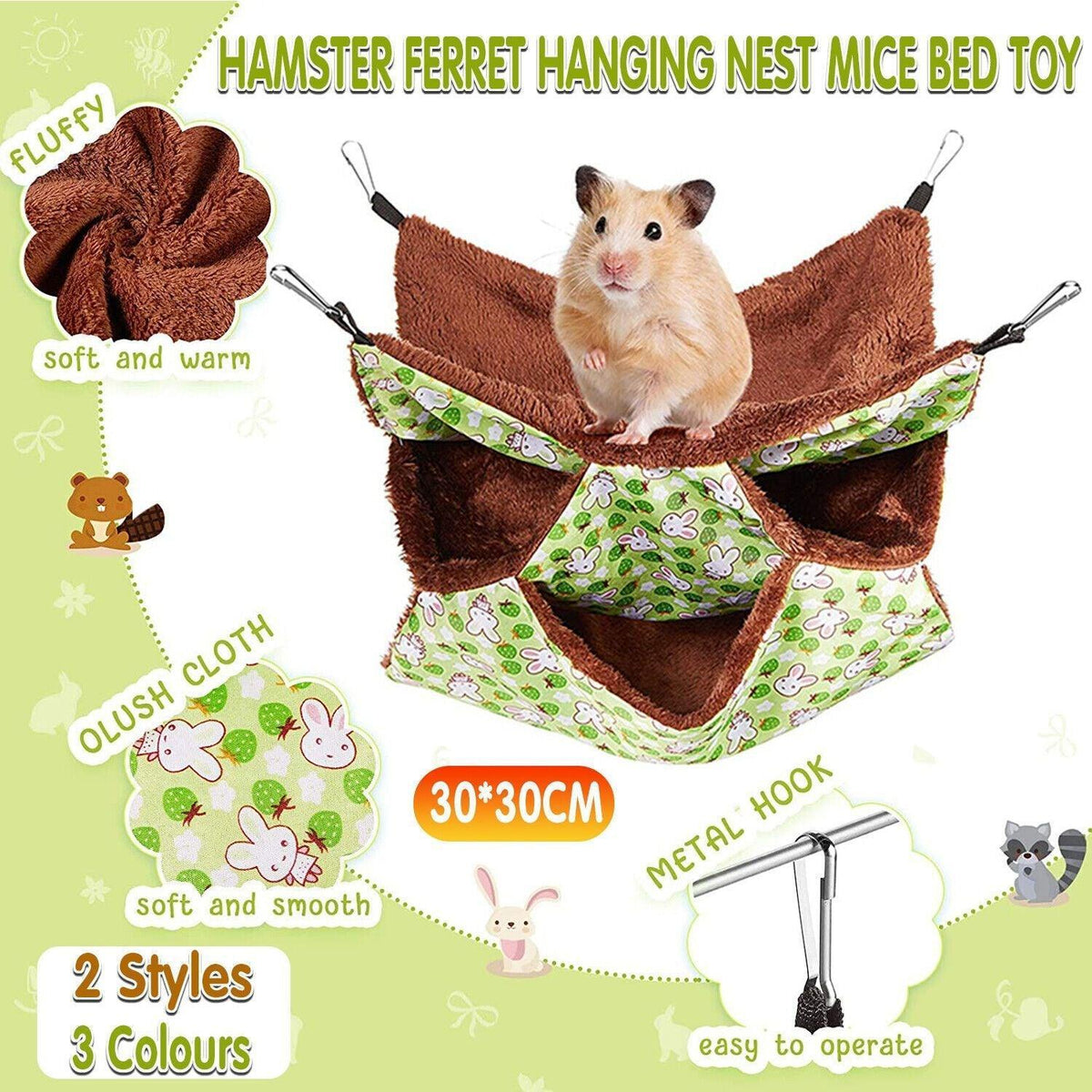 Hanging Hammock Nest Bed for Hamster Guinea Pig Ferret Rat Mice Cage Warmer Toy - Green Rabbit V528-HAMMOCK-GREENRABBIT-30658