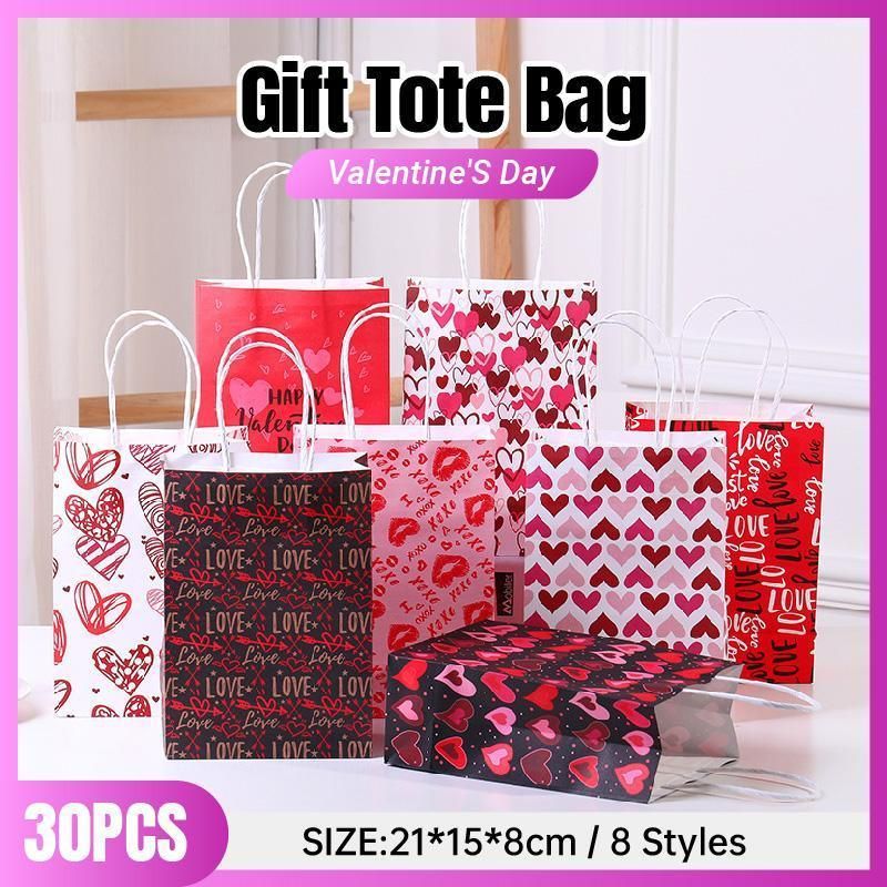 30x Valentines Day Love-Themed Tote Bag Elegant Kraft Paper Handbag Lightweight - Y169 V528-HANDBAG-30PCS-Y169-124528