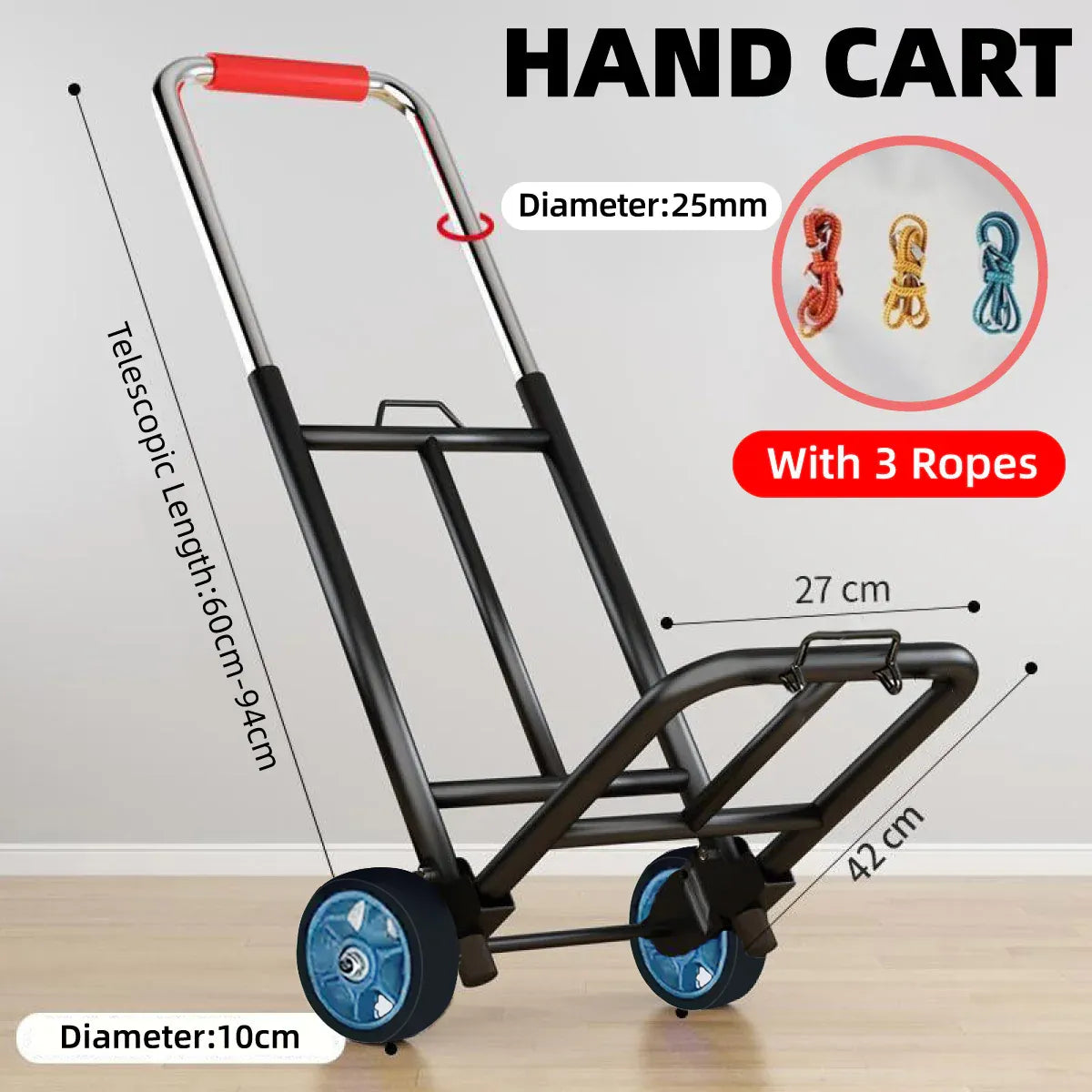 Folding Hand Trolley Heavy Duty Solid Wheel or Stair Climber Tri Wheel for Moving - Flat Ground V528-HANDCART-BLACK-76857