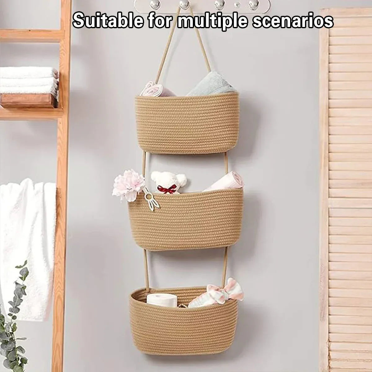 3 Layer Wall Mounted Storage Basket Hanging Organizer Rack for Household Items - Brown V528-HANGING-BASKET-BROWN-801638
