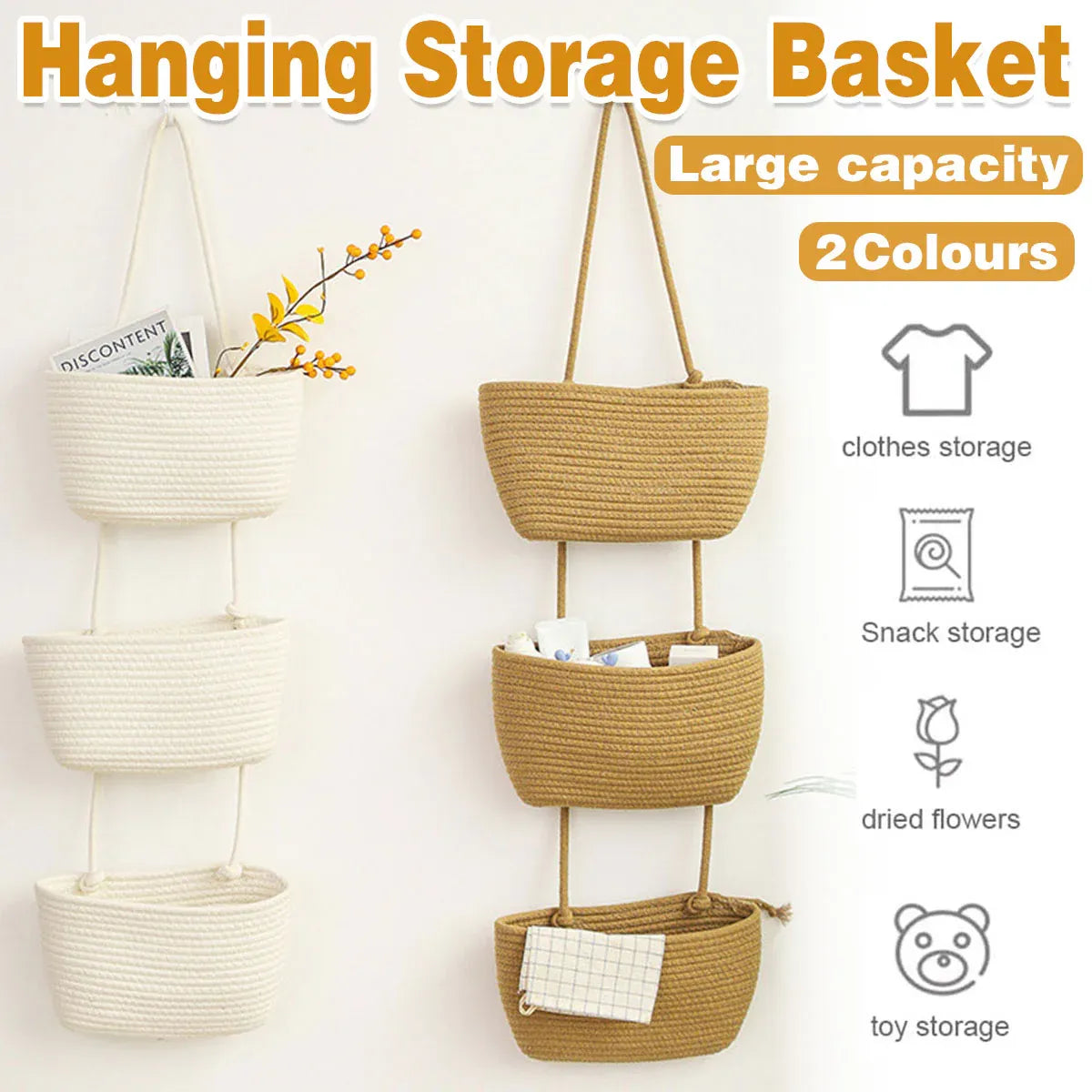 3 Layer Wall Mounted Storage Basket Hanging Organizer Rack for Household Items - White V528-HANGING-BASKET-WHITE-756030