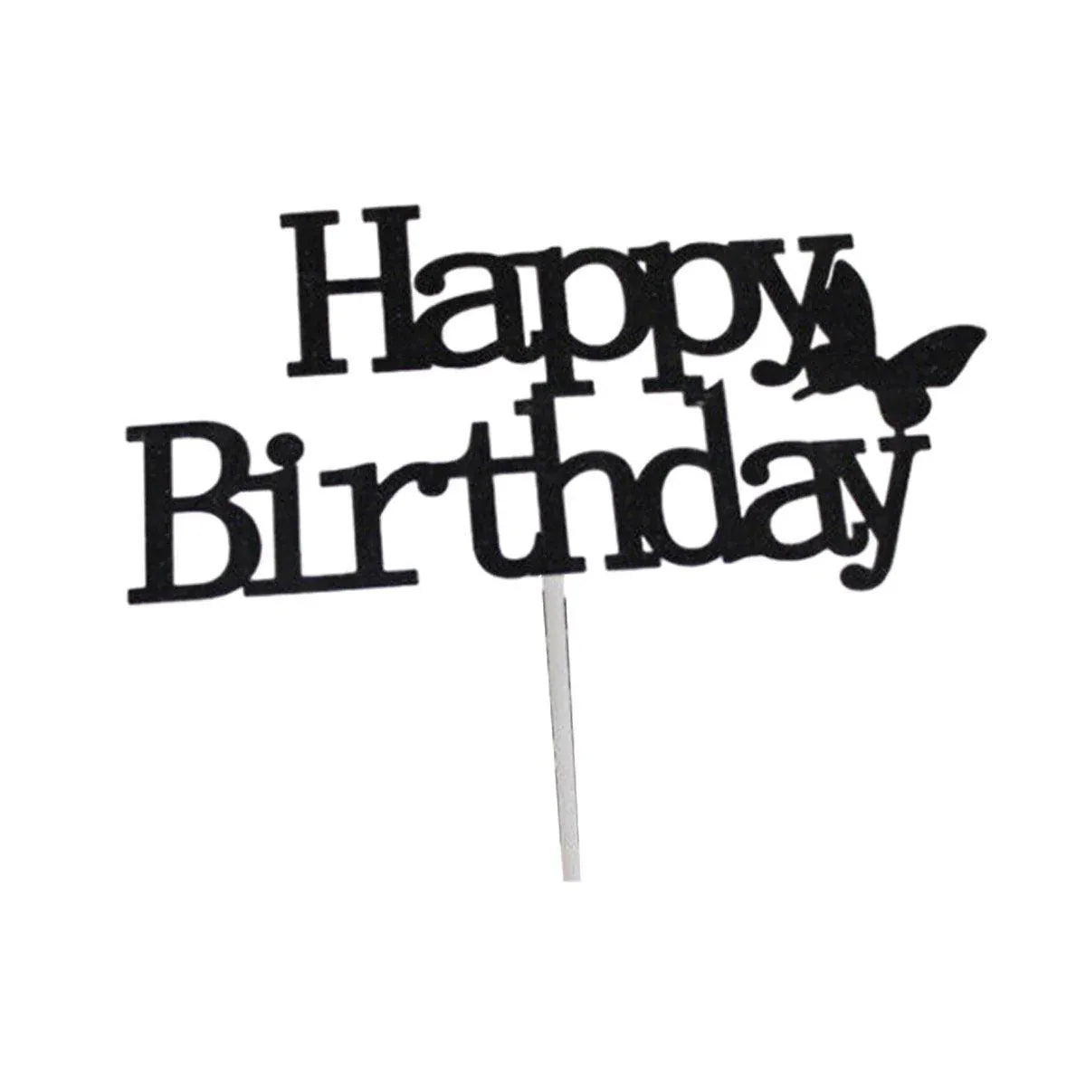 Happy Birthday Cake Topper Colour Printed Acrylic Party Decorations - Black-Butterfly V528-HAPPY-BLACK-294841