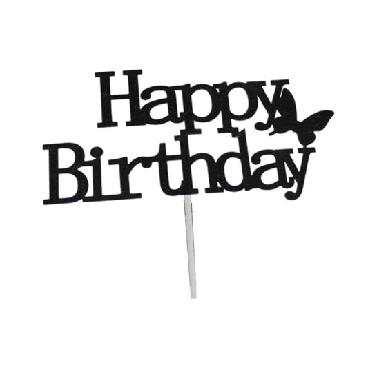 Happy Birthday Cake Topper Colour Printed Acrylic Party Decorations - Black-Butterfly V528-HAPPY-BLACK-294841