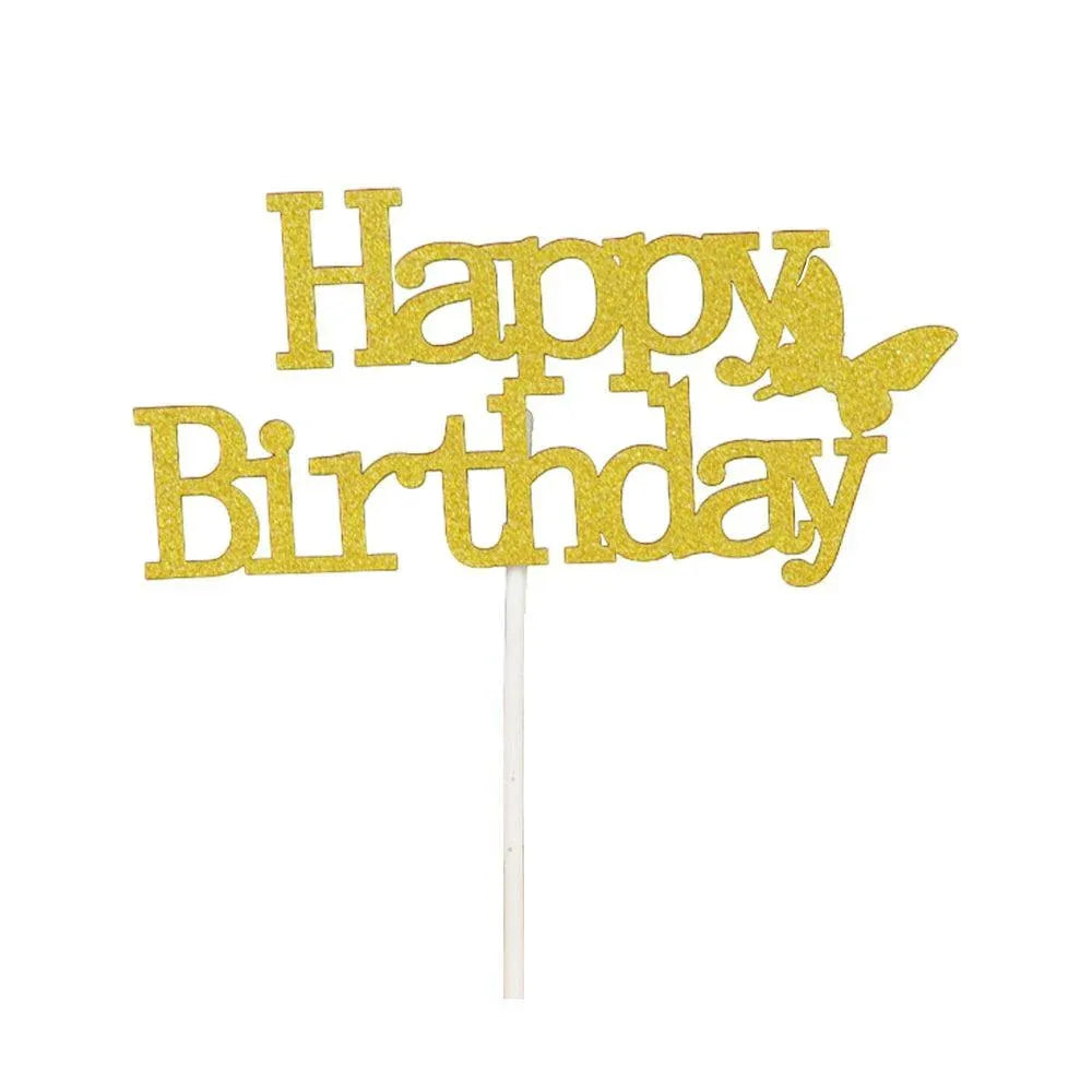 Happy Birthday Cake Topper Colour Printed Acrylic Party Decorations - Gold-Butterfly V528-HAPPY-GOLD-892395