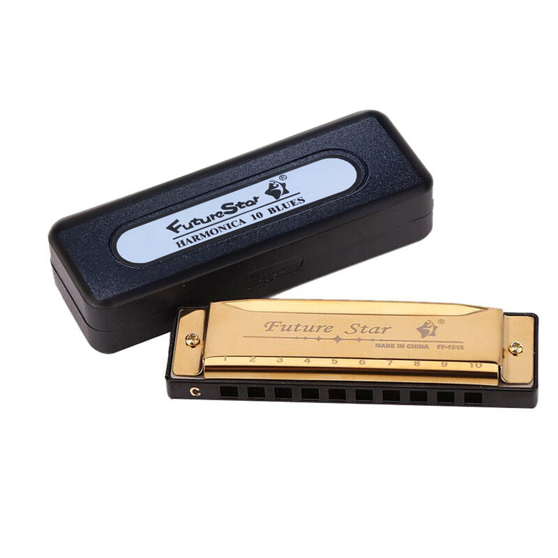Harmonica 10 Holes Key Of C Blue Blues Harp Stainless Steel Brass - Gold V528-HARMONICA-GOLD-390656