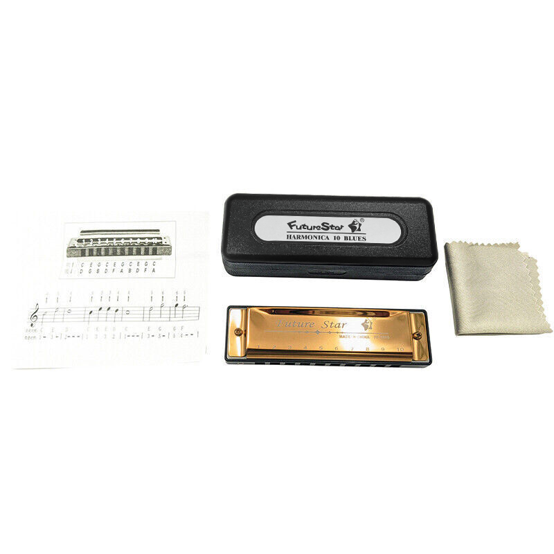 Harmonica 10 Holes Key Of C Blue Blues Harp Stainless Steel Brass - Gold V528-HARMONICA-GOLD-390656