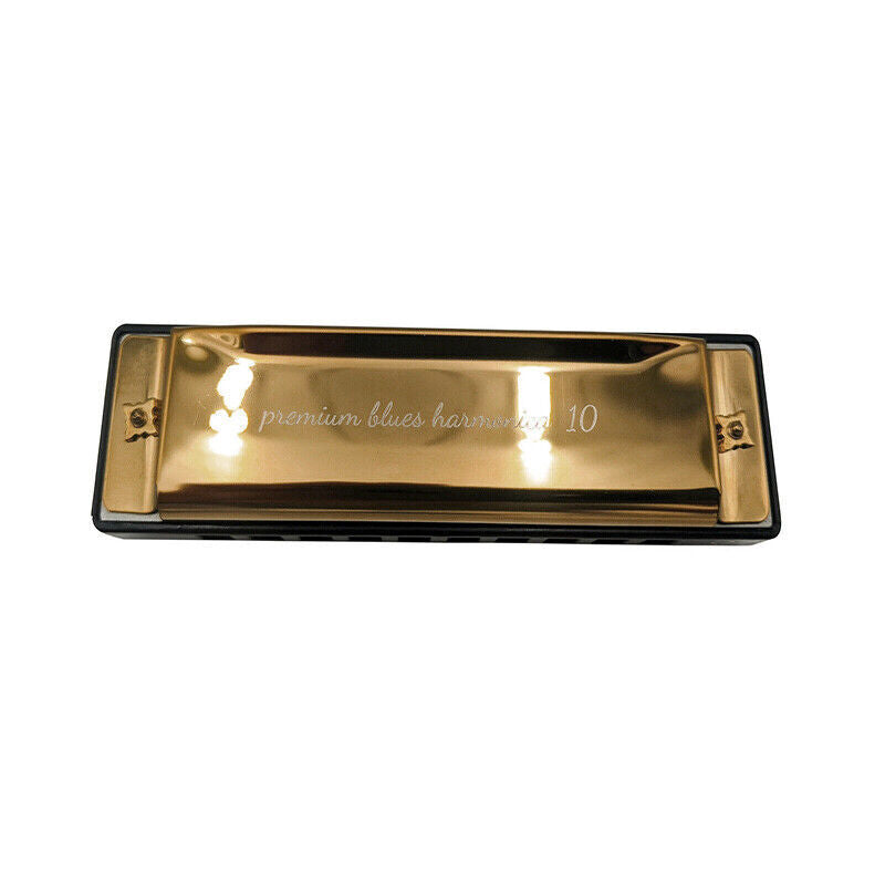 Harmonica 10 Holes Key Of C Blue Blues Harp Stainless Steel Brass - Gold V528-HARMONICA-GOLD-390656