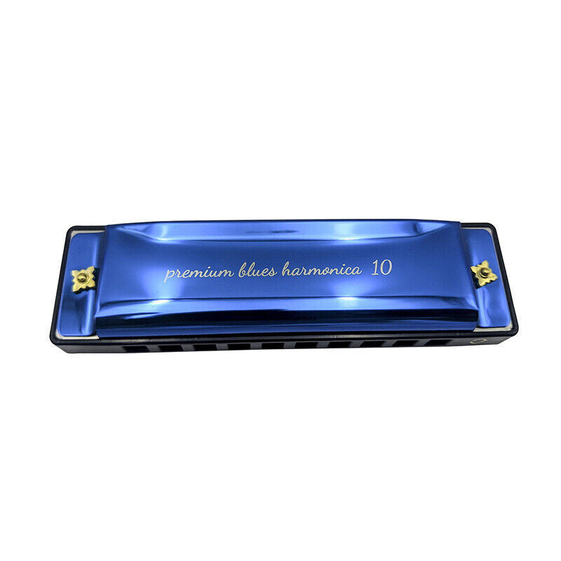 Harmonica 10 Holes Key Of C Blue Blues Harp Stainless Steel Brass - Gold V528-HARMONICA-GOLD-390656