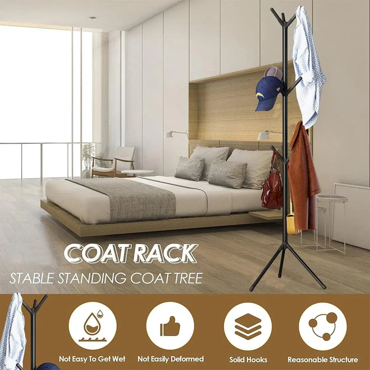 6Hooks Coat Stand Rack Clothes Hanger Hat Tree Jacket Umbrella Storage Organizer - Black V528-HAT-RACK-BLACK-975801