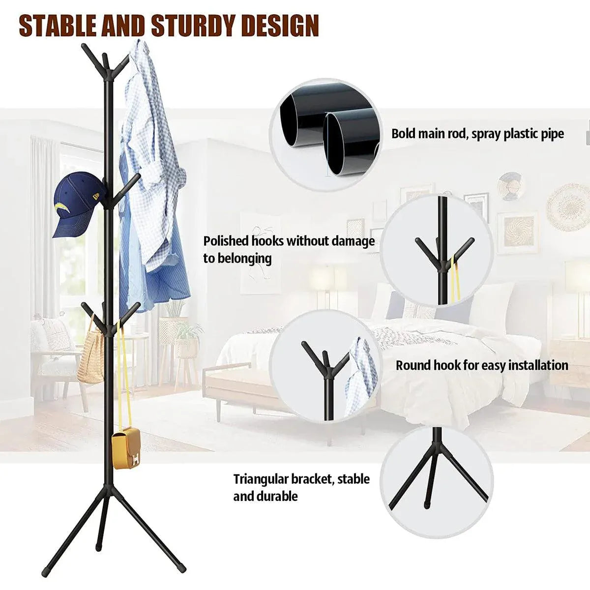 6Hooks Coat Stand Rack Clothes Hanger Hat Tree Jacket Umbrella Storage Organizer - Black V528-HAT-RACK-BLACK-975801