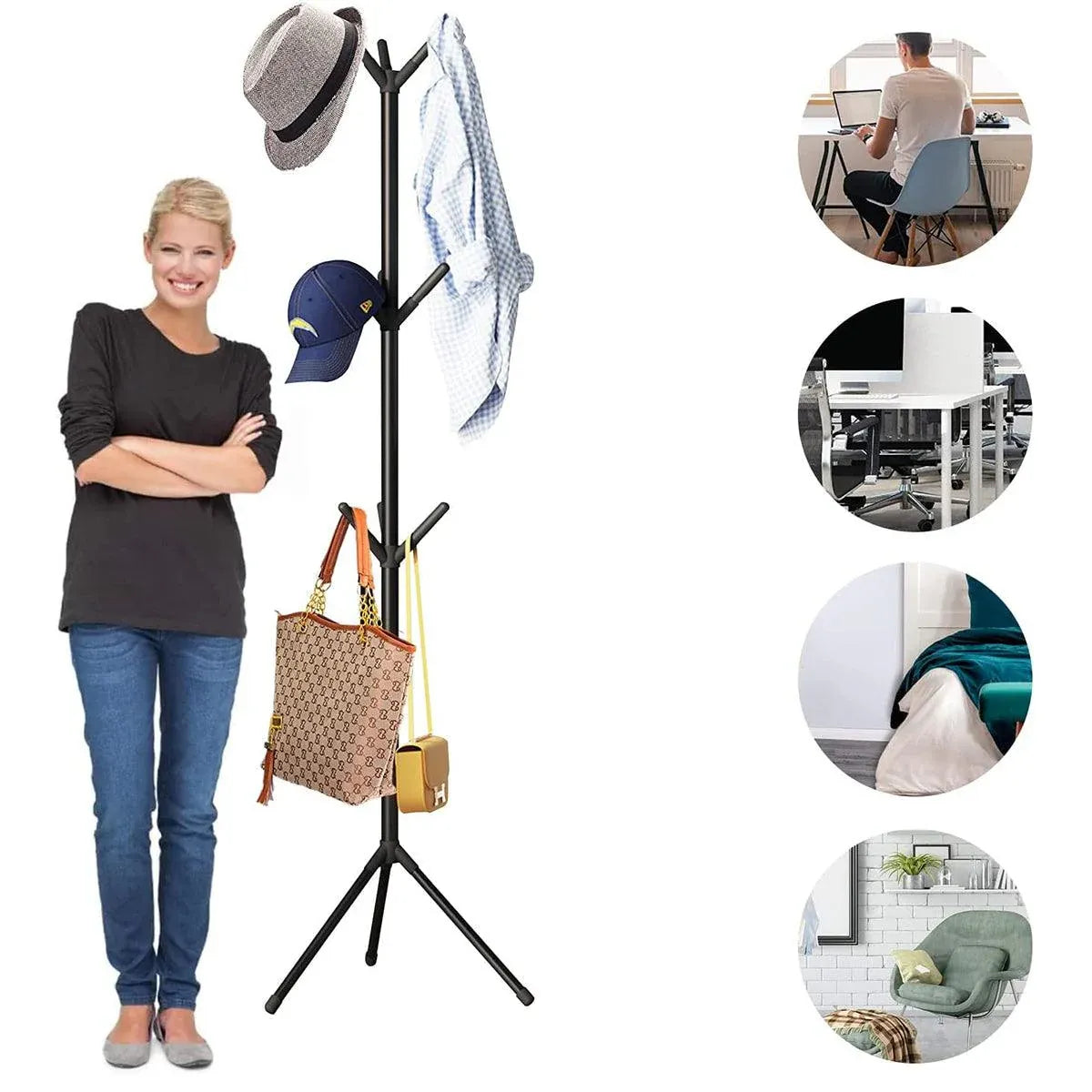 6Hooks Coat Stand Rack Clothes Hanger Hat Tree Jacket Umbrella Storage Organizer - Black V528-HAT-RACK-BLACK-975801