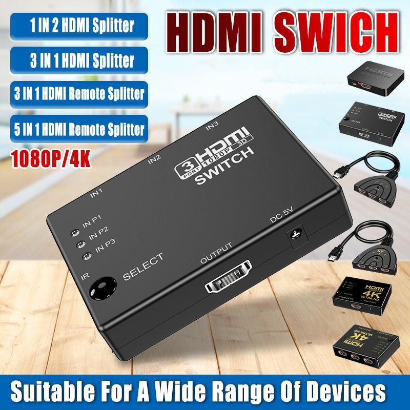 HDMI Switch Splitter 3-in-1 5-in-1 or 1-in-2 1080p 4K Manual or Remote Options - 3 in 1 Switch 1080p Manual V528-HDMISPLITTER-3IN1-904554