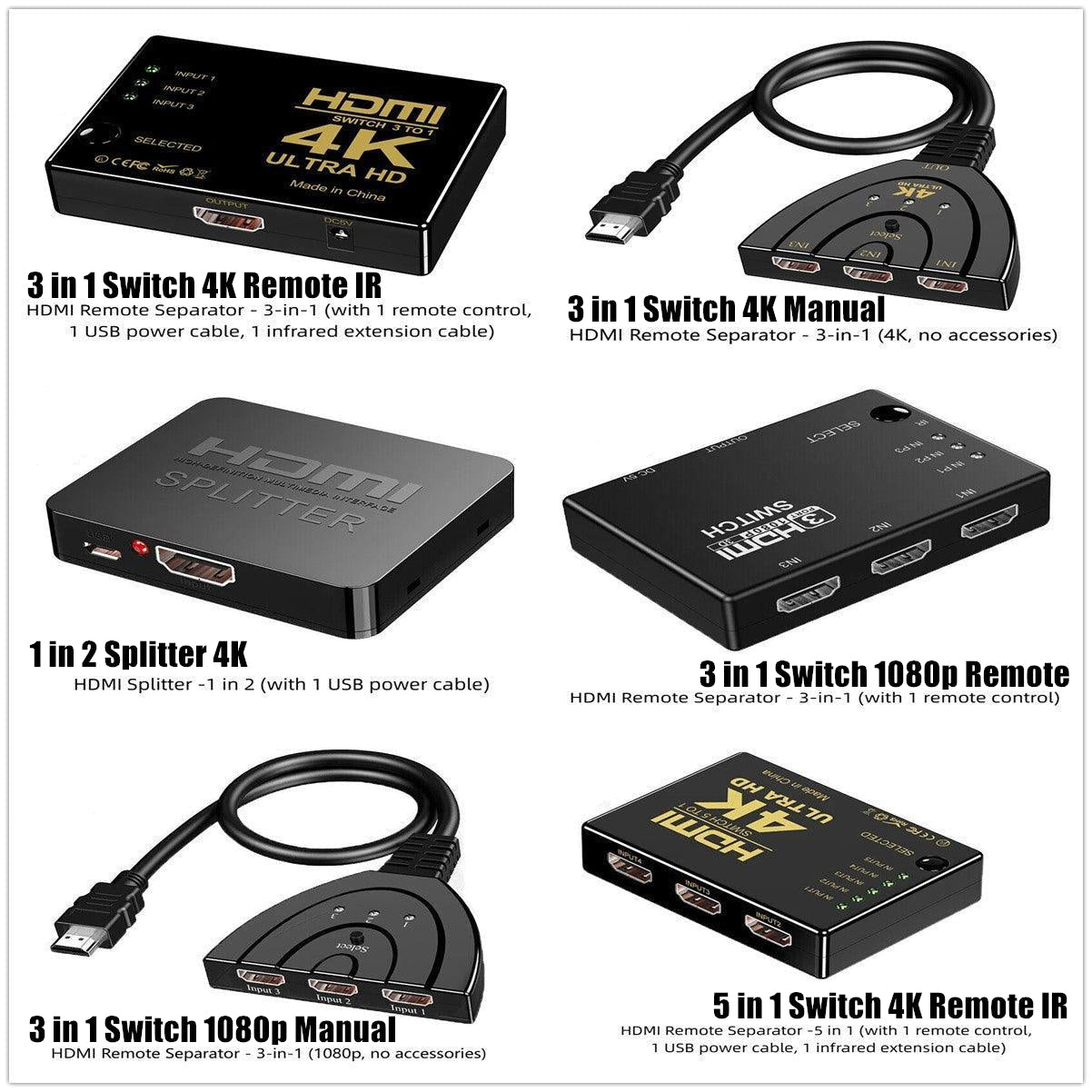 HDMI Switch Splitter 3-in-1 5-in-1 or 1-in-2 1080p 4K Manual or Remote Options - 3 in 1 Switch 1080p Manual V528-HDMISPLITTER-3IN1-904554