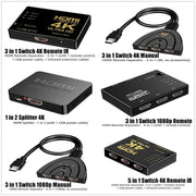 HDMI Switch Splitter 3-in-1 5-in-1 or 1-in-2 1080p 4K Manual or Remote Options - 3 in 1 Switch 4K Manual V528-HDMISPLITTER-3IN1-984250
