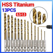13pcs Quick Change Hss Titanium Drill Bits Hex Shank Set Soft Metal Wood Timber V528-HSSTITANIUM-13PCS-651876