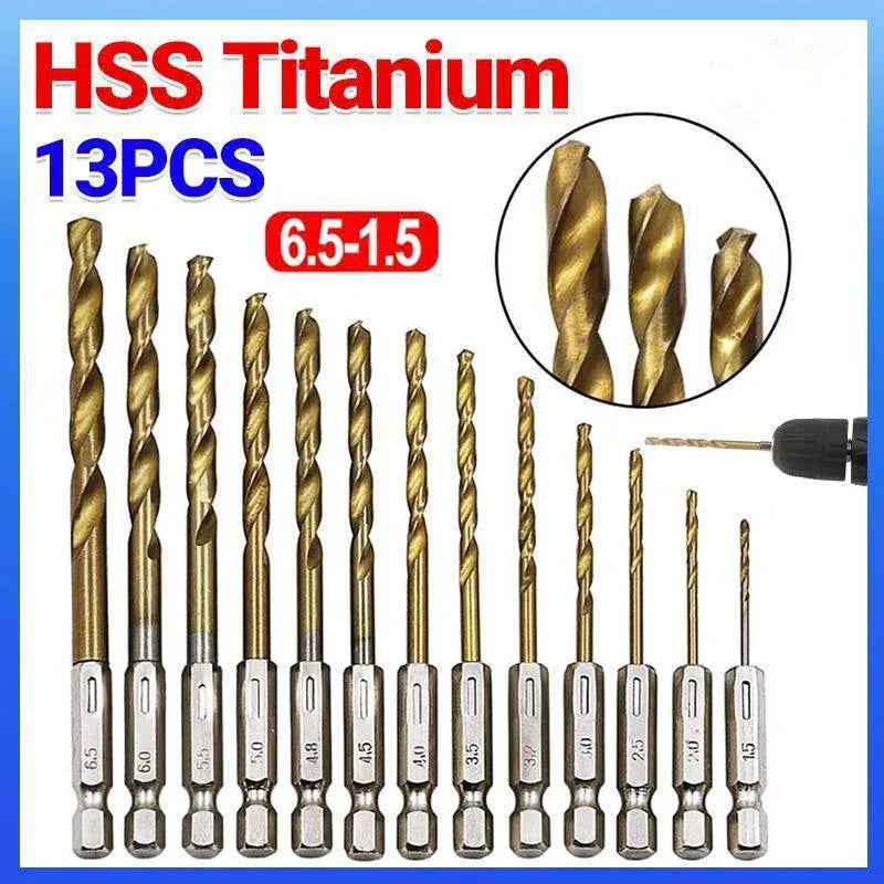 13pcs Quick Change Hss Titanium Drill Bits Hex Shank Set Soft Metal Wood Timber V528-HSSTITANIUM-13PCS-651876