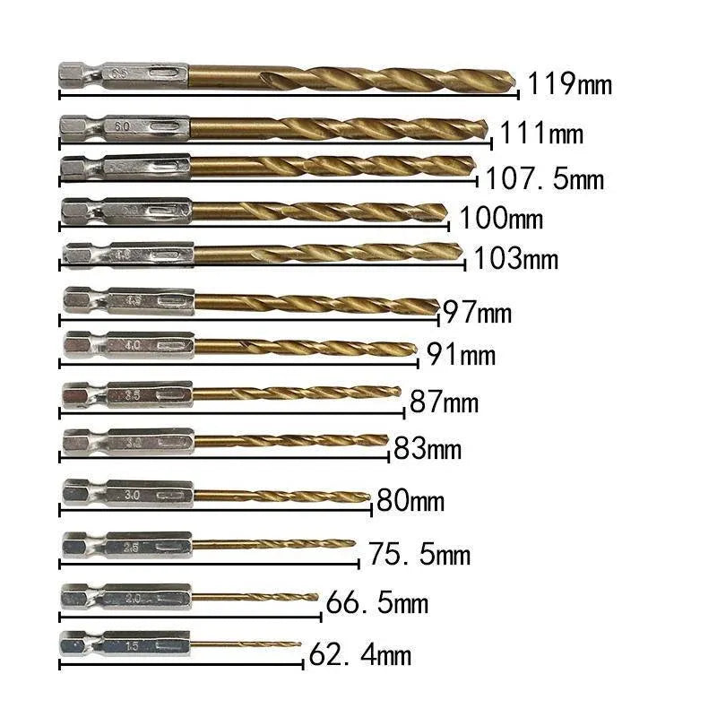 13pcs Quick Change Hss Titanium Drill Bits Hex Shank Set Soft Metal Wood Timber V528-HSSTITANIUM-13PCS-651876