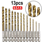 13pcs Quick Change Hss Titanium Drill Bits Hex Shank Set Soft Metal Wood Timber V528-HSSTITANIUM-13PCS-651876
