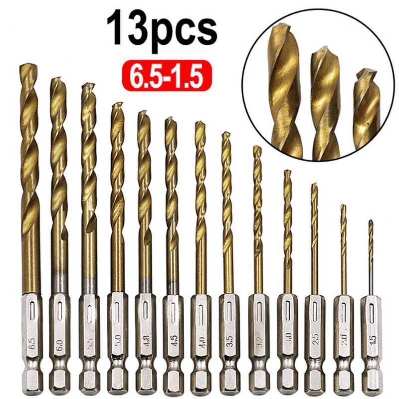 13pcs Quick Change Hss Titanium Drill Bits Hex Shank Set Soft Metal Wood Timber V528-HSSTITANIUM-13PCS-651876