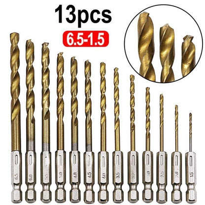 13pcs Quick Change Hss Titanium Drill Bits Hex Shank Set Soft Metal Wood Timber V528-HSSTITANIUM-13PCS-651876