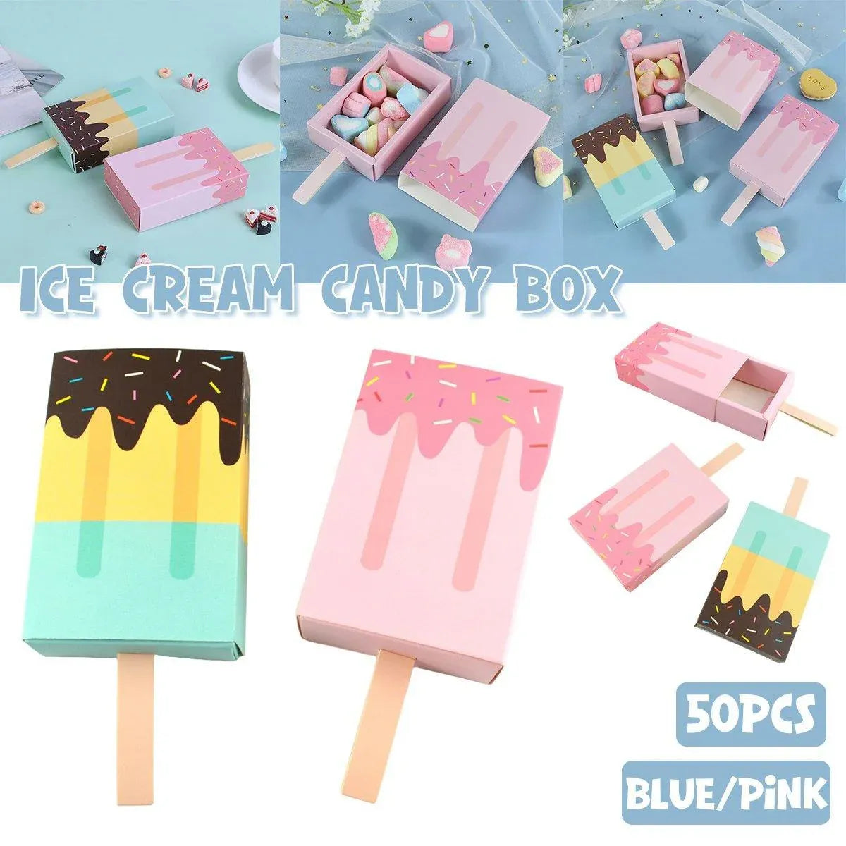 50PCS Creative Ice Cream Candy Gift Boxes Fruit Shaped Party Favor Packaging Box - Blue V528-ICE-CREAM-BOX-50PCS-BLUE-652354