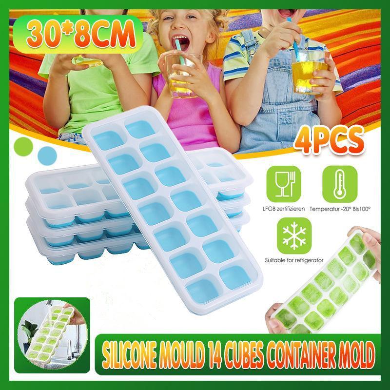 4Pcs Ice Cube Tray With Lid Easy Release Silicone Mould 14 Cubes Container Mold - Blue V528-ICECUBEMOLD-BLUE-4PCS-27811