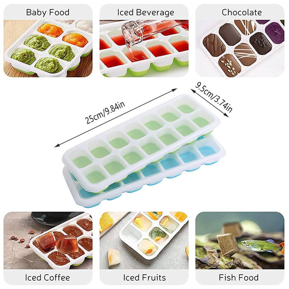 4Pcs Ice Cube Tray With Lid Easy Release Silicone Mould 14 Cubes Container Mold - Green V528-ICECUBEMOLD-GREEN-4PCS-97119
