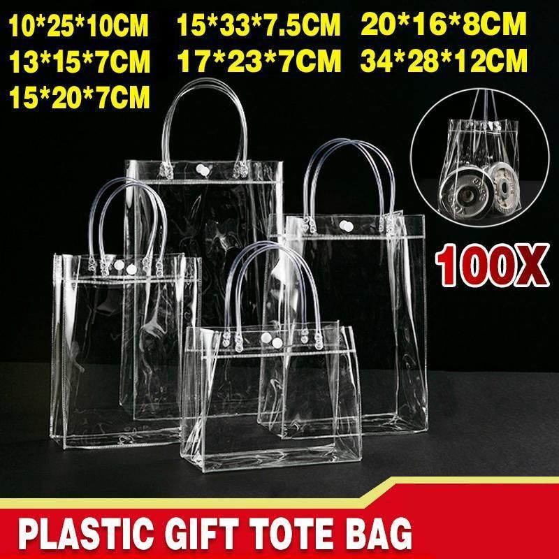 100x PVC Transparent Gift Tote Bag with Snap Button for Packaging - 20*16*8cm V528-J00271-C20-H16-C8-100PCS-709272