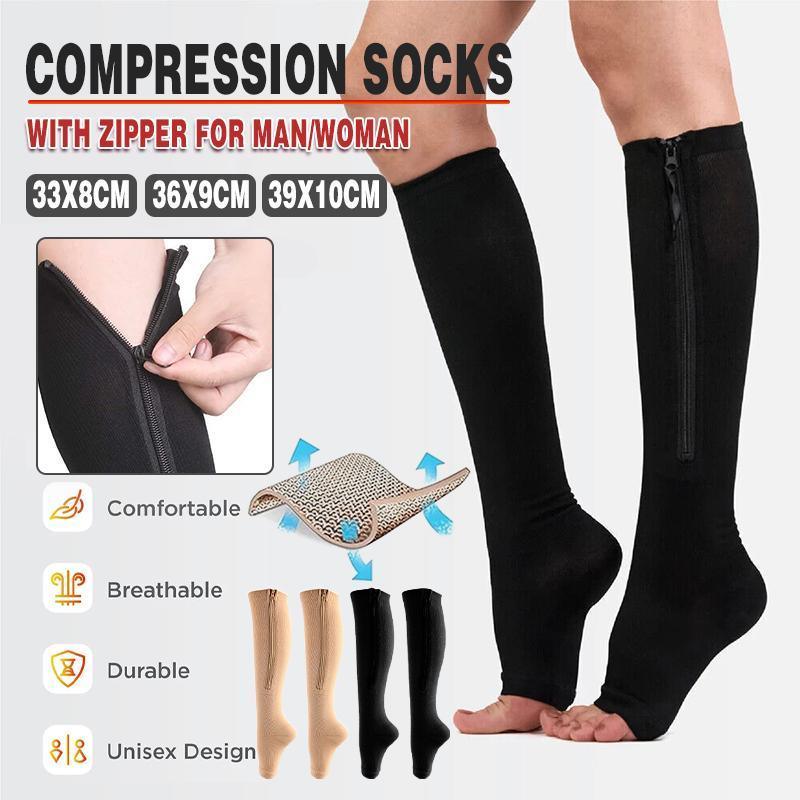 Zip Sox Compression Socks Zipper Leg Support Knee Open Toe Shaper Stockings Beige - XXL V528-J00328-BEIGE-L-1PAIR-406814