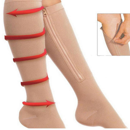 Zip Sox Compression Socks Zipper Leg Support Knee Open Toe Shaper Stockings Beige - XXL V528-J00328-BEIGE-L-1PAIR-406814