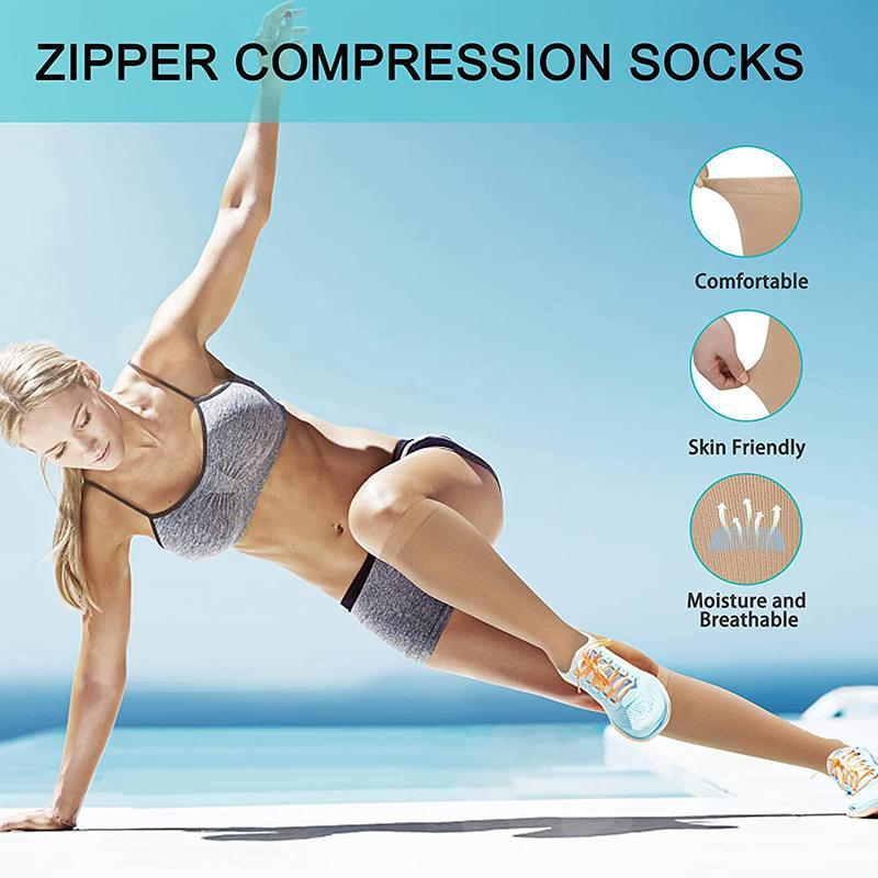 Zip Sox Compression Socks Zipper Leg Support Knee Open Toe Shaper Stockings Beige - XXL V528-J00328-BEIGE-L-1PAIR-406814
