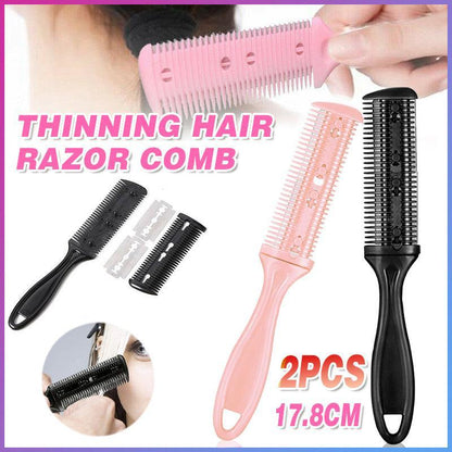 2PCS Razor Comb With Blades Razor Trimmer DIY Double Sides Hair Thinning Comb - Pink+Black V528-J00413-BLACKPINK-29949