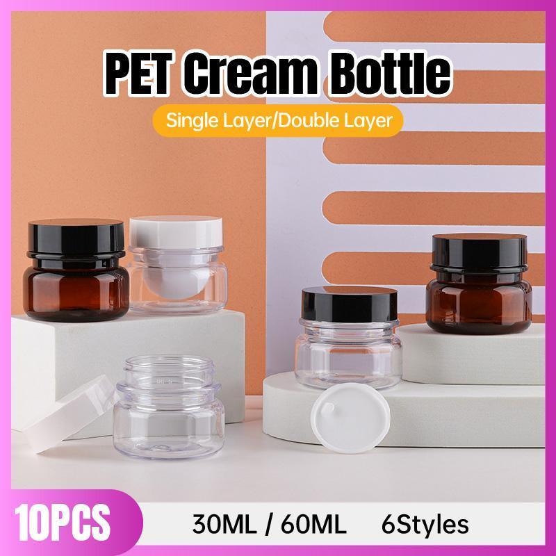 10pcs PET Plastic Cosmetic Bottles Refillable Travel Face Cream Containers - 60ml-Transparent+Black-Single V528-JARS-10PCS-TRANSPARENT-SINGLE-378745