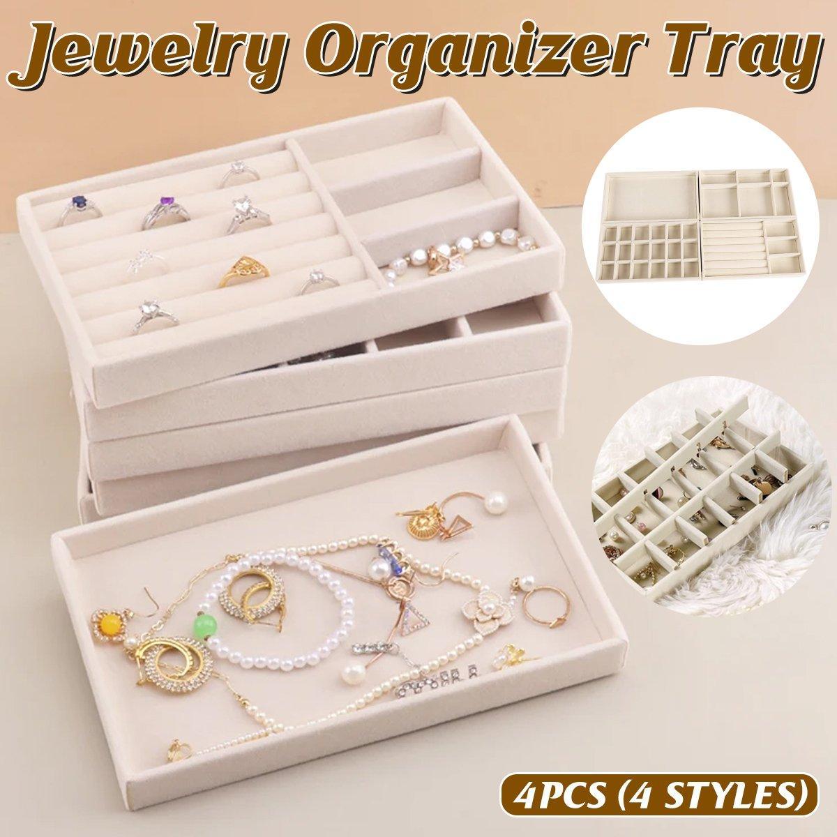 4PCS Flannel Jewelry Storage Trays Necklace Ring Earrings Organizer V528-JEWELRY-BOX-BEIGE-4PCS-599894