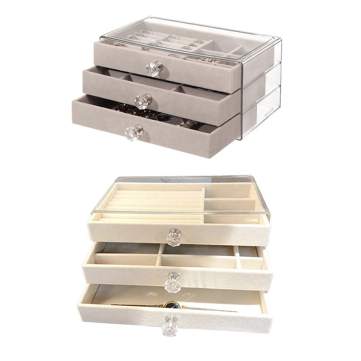 Three Layer Flannel Jewelry Storage Box Dustproof Drawer Organizer for Earrings - Grey V528-JEWELRY-BOX-GREY-625793