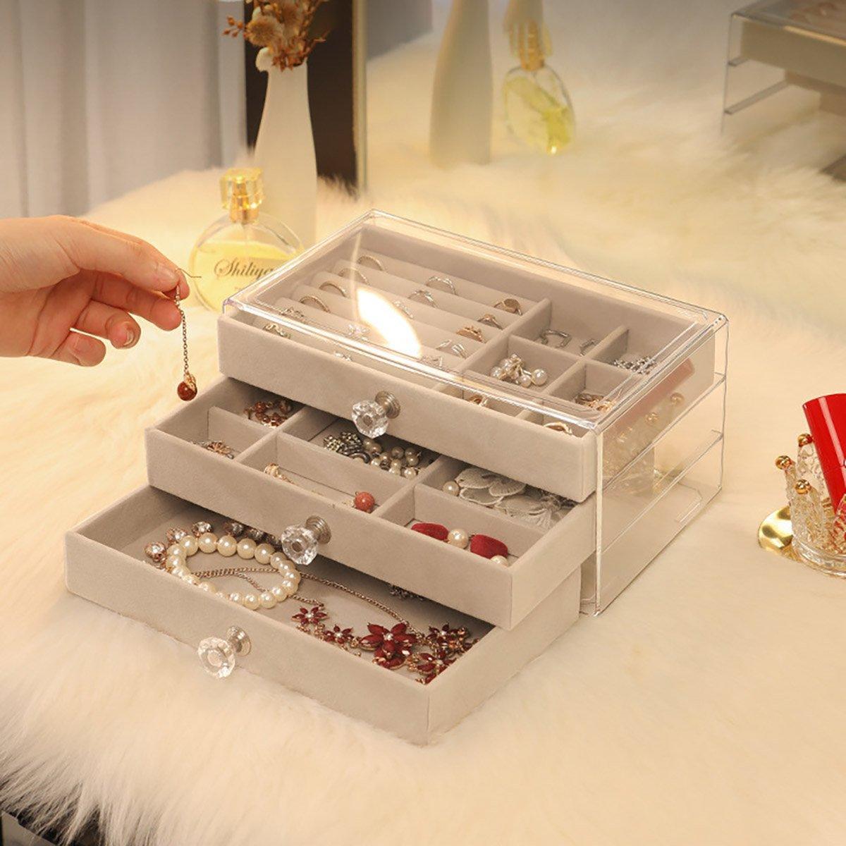 Three Layer Flannel Jewelry Storage Box Dustproof Drawer Organizer for Earrings - Grey V528-JEWELRY-BOX-GREY-625793