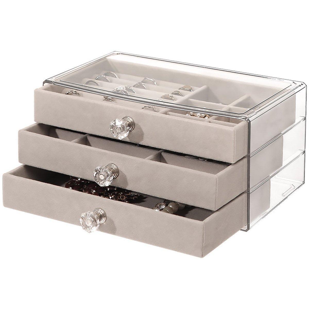 Three Layer Flannel Jewelry Storage Box Dustproof Drawer Organizer for Earrings - Grey V528-JEWELRY-BOX-GREY-625793