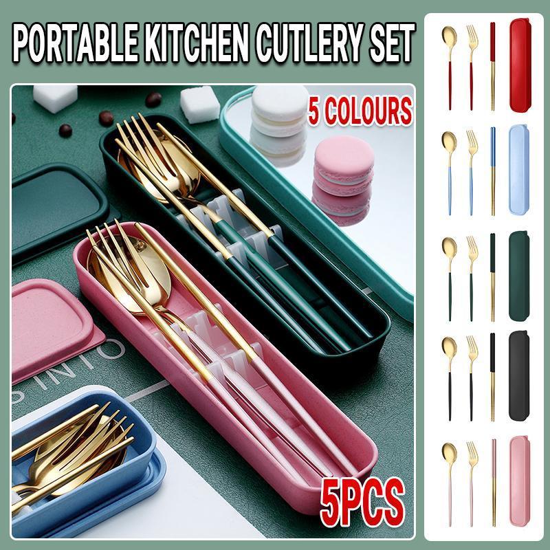 5PC Stainless Steel Portable Cutlery Set - Fork Spoon for Travel & Picnic - Green V528-JY68-GREEN-137491