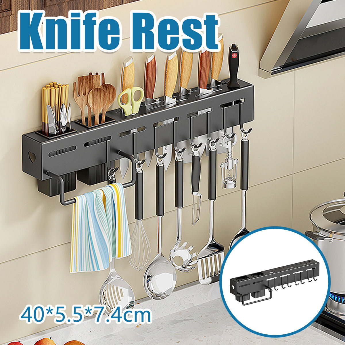 Stainless Steel Kitchen Utensil Storage Rack Organiser Knife Pan Holder Shelves V528-KNIFE-REST-BLACK-40CM-116441