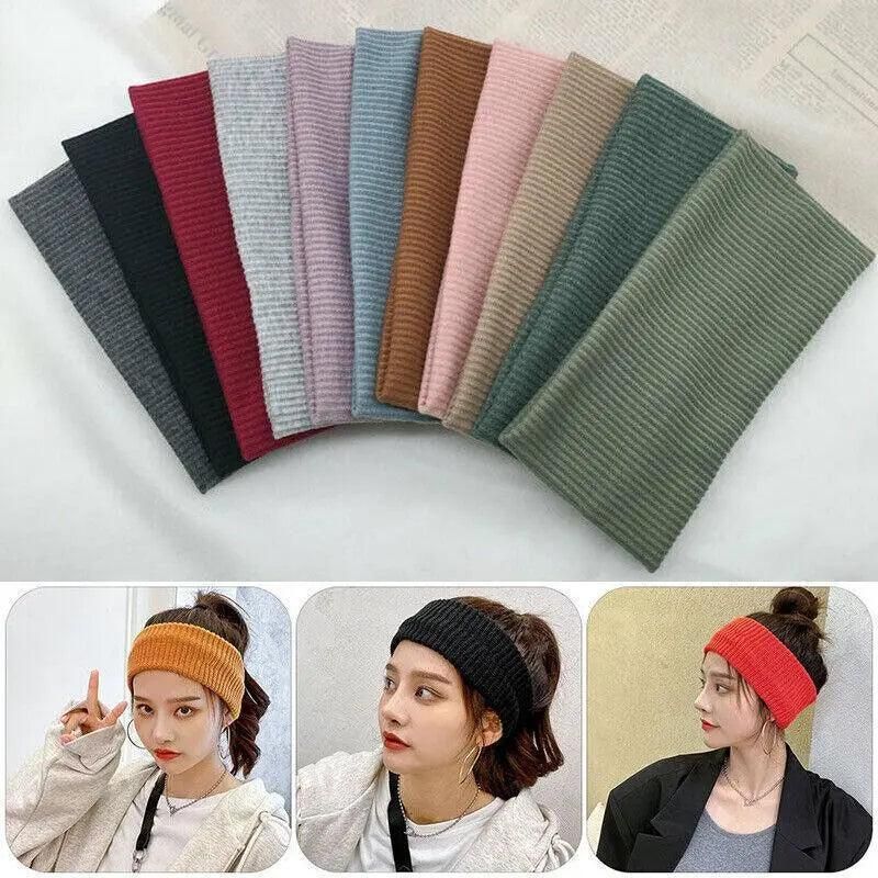Women Headband Solid Wide Turban Knitted Cotton Hairband Girls Elastic Hair Band - Light Grey V528-KNITTING-GREY-384562