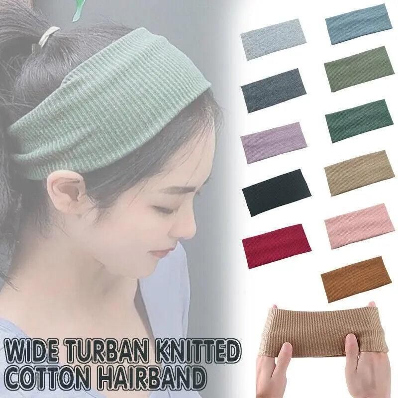 Women Headband Solid Wide Turban Knitted Cotton Hairband Girls Elastic Hair Band - Pink V528-KNITTING-PINK-385404