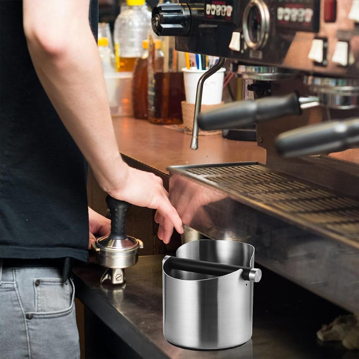 Stainless Steel Coffee Grounds Knock Box Round Tap Bucket for Household Espresso - Black V528-KNOCK-BOX-04-2-122104