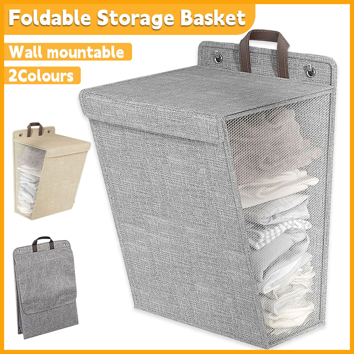 Foldable Laundry Basket Wall Mounted Clothes Storage Basket Household Organizer - Grey V528-LAUNDRY-BASKET-GREY-L-772334