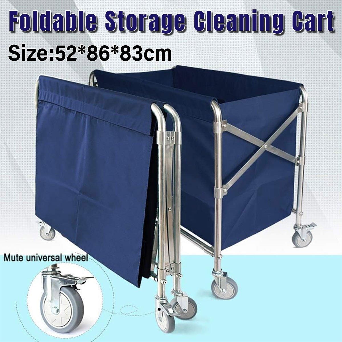 Folding Linen Trolley with Hand Push Design for Storage Room Cleaning Service V528-LAUNDRY-CART-BLUE-617160