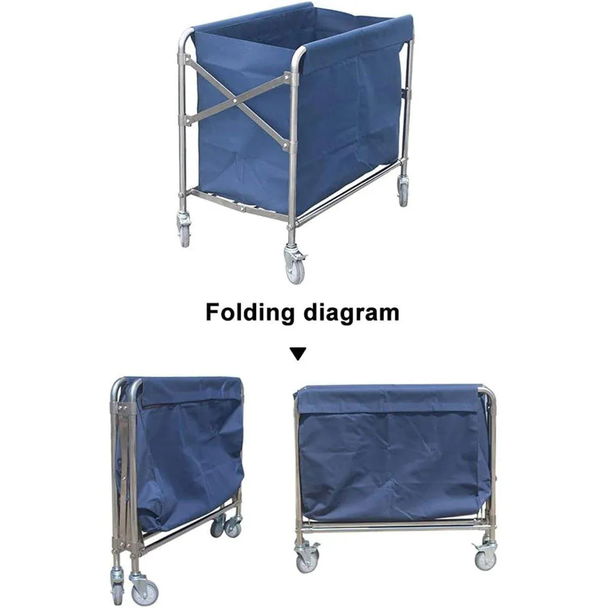 Folding Linen Trolley with Hand Push Design for Storage Room Cleaning Service V528-LAUNDRY-CART-BLUE-617160