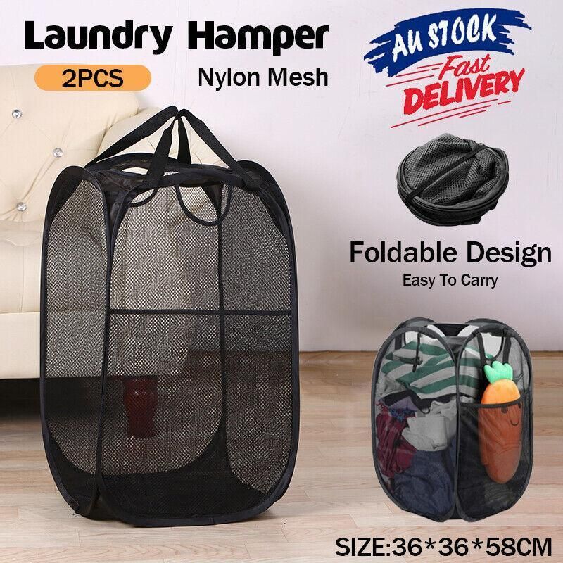 2PCS Foldable Mesh Laundry Hampers with Handles and Pocket for Clothes Storage V528-LAUNDRYBASKET-2PCS-86705