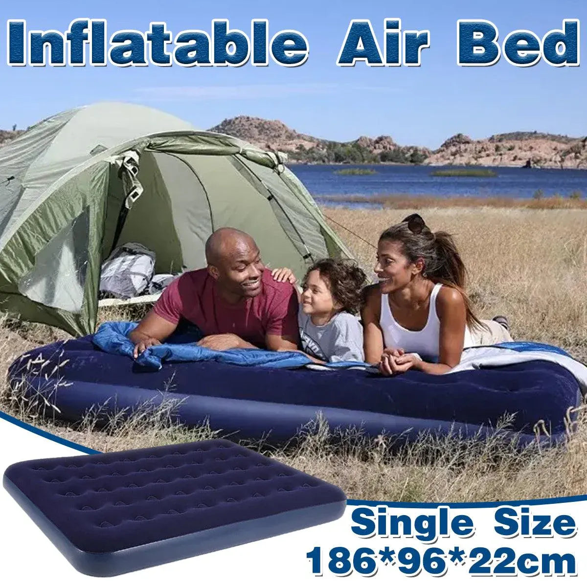 Single Inflatable Airbed 186x96cm Easy Inflate Flocked Air Mattress for Camping Guests V528-LAZY-MATTRESS-BLUE-759938