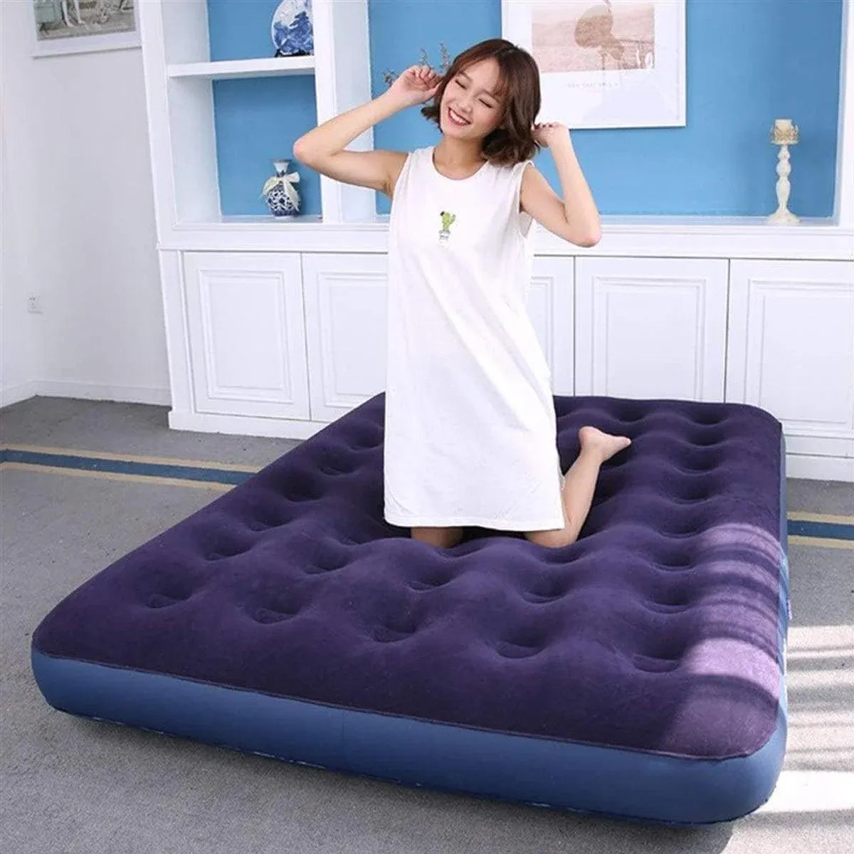 Single Inflatable Airbed 186x96cm Easy Inflate Flocked Air Mattress for Camping Guests V528-LAZY-MATTRESS-BLUE-759938