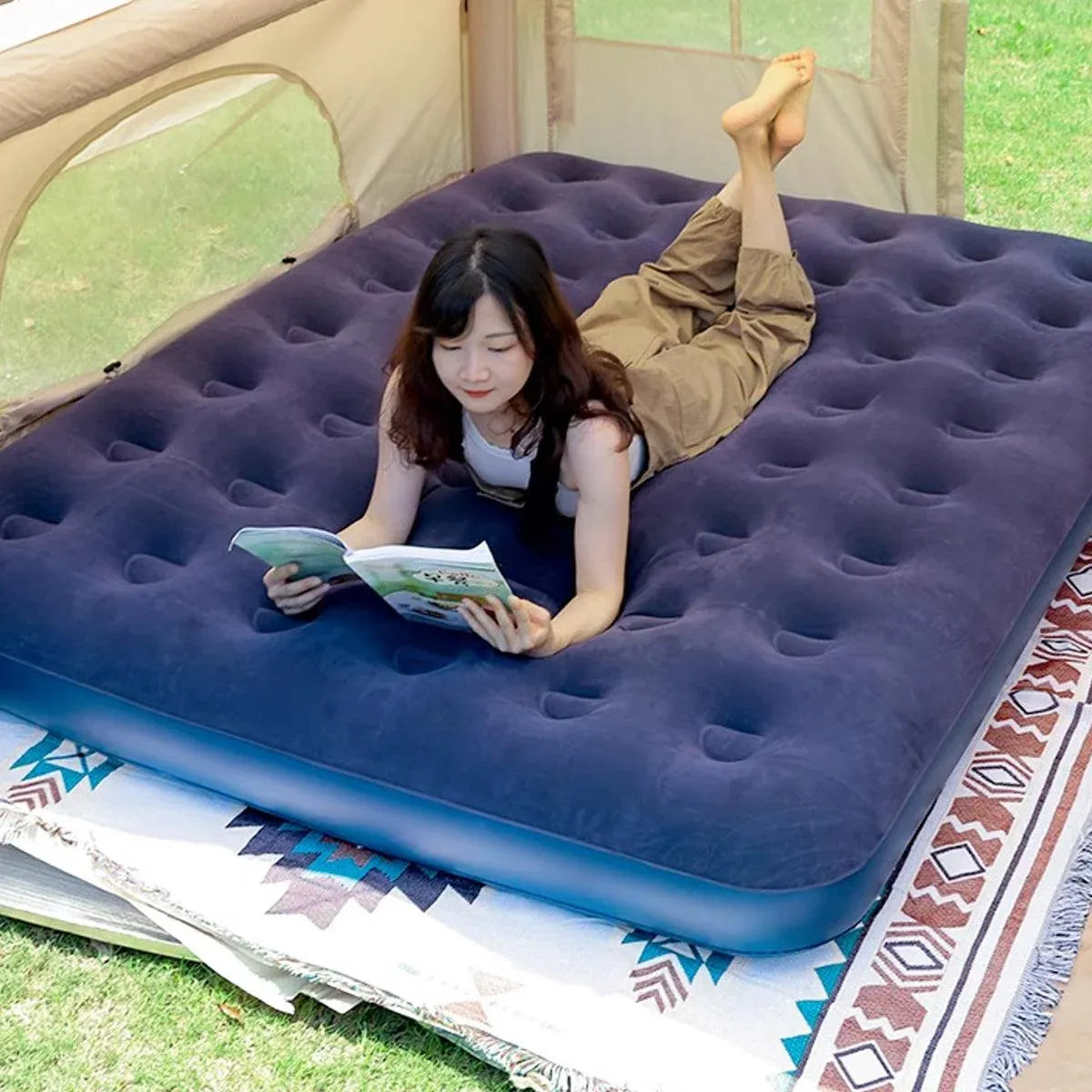 Single Inflatable Airbed 186x96cm Easy Inflate Flocked Air Mattress for Camping Guests V528-LAZY-MATTRESS-BLUE-759938